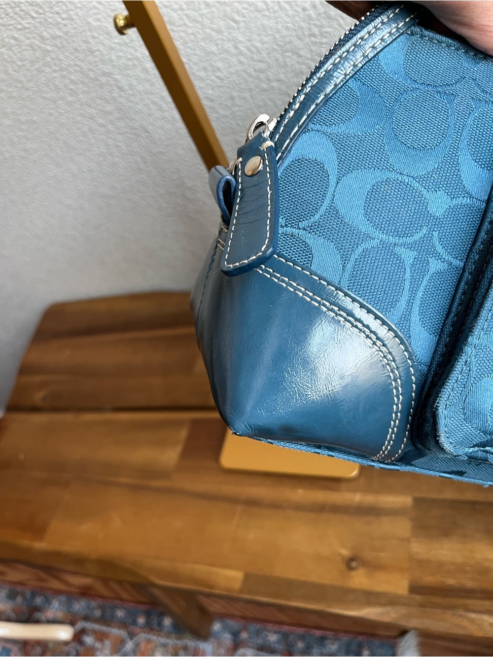 Coach Teal Signature Jacquard Satchel with Front Turn-Lock - Picture 6 of 16